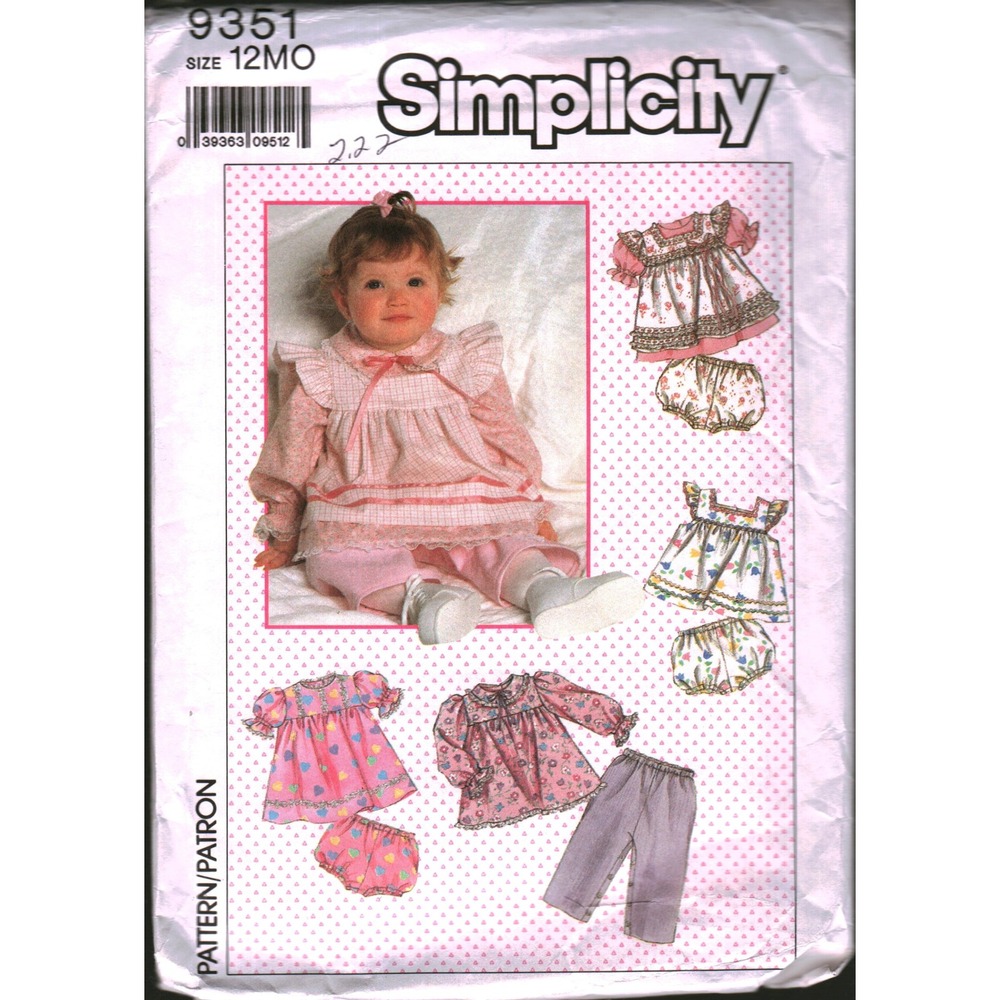Simplicity 9351 Baby Sewing Pattern Tops Apron Sundress Pants Panties Size‎ 12MO